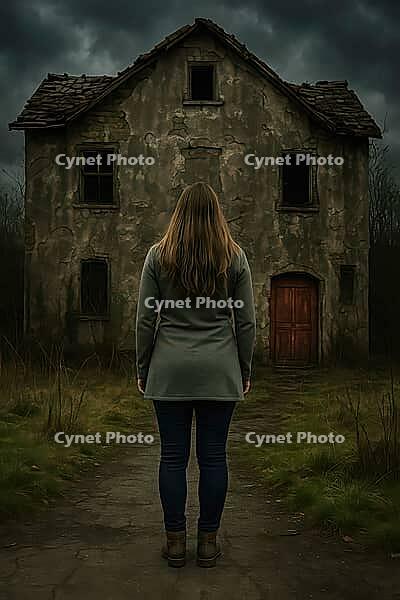 A woman stands in front of an abandoned house with a red door, surrounded by a dark and cloudy sky, enhancing a mysterious feel, AI generated [IBR125203206]