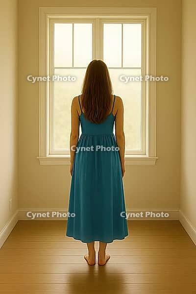 A woman in a blue dress stands barefoot, looking out a sunlit window, creating a serene and minimalist scene, AI generated [IBR125203207]