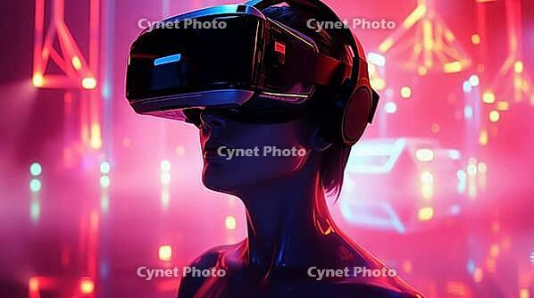 Woman wearing goggles for Virtual reality, AI generated [IBR125203210]