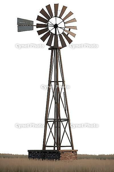 A tall, metal windmill stands in isolation against a white background, evoking a sense of simplicity and rural serenity, AI generated [IBR125203212]