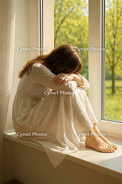 Woman in a white dress sits on a window sill, surrounded by sunlight and nature, creating a serene atmosphere, AI generated [IBR125203213]
