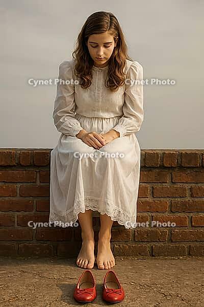 A woman in a white dress sits on a brick wall, with red shoes on the ground, embodying solitude and contemplation, AI generated [IBR125203215]