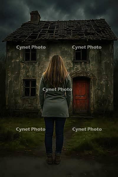 A woman stands facing an old, decaying house with a red door under a cloudy night sky, creating an eerie atmosphere, AI generated [IBR125203217]
