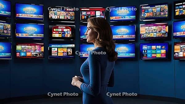 Woman in a room looking at many video screens, AI generated [IBR125203218]