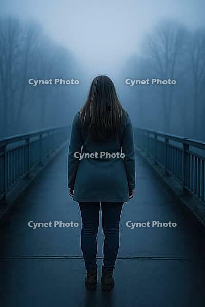 A woman stands alone on a foggy bridge, surrounded by mist and bare trees in a moody, overcast atmosphere, AI generated [IBR125203220]