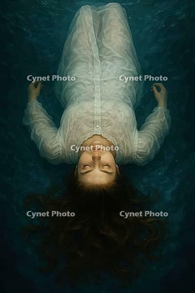 Woman in a white dress floats underwater, surrounded by tranquil blue tones in a serene, dreamlike scene, AI generated [IBR125203222]