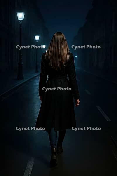Woman in dark coat walking alone on dimly lit street, creating a solitary and moody atmosphere, AI generated [IBR125203225]