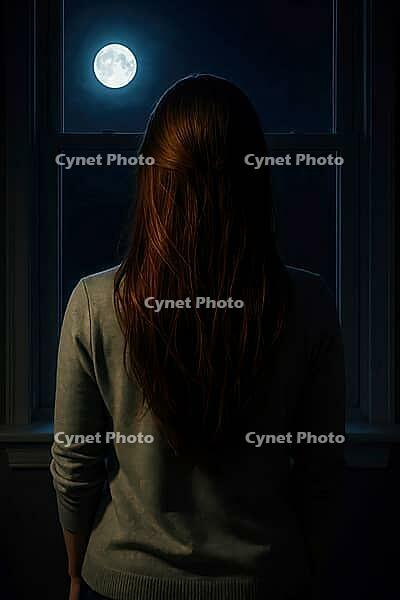 A woman stands by a window at night, gazing at a bright moon in a dark, mysterious atmosphere, AI generated [IBR125203226]
