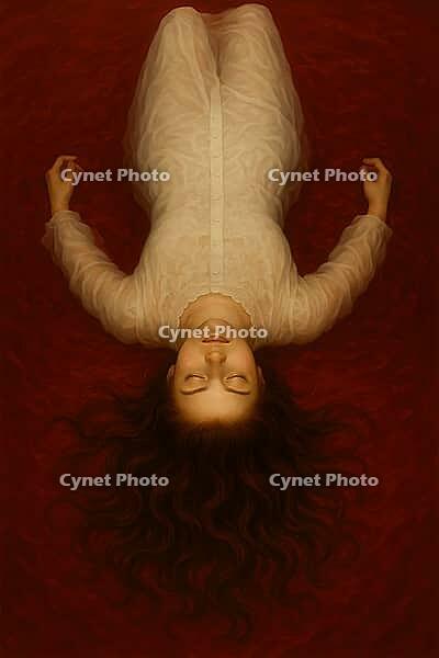 A woman in a white dress lies with closed eyes on a reddish background, creating a serene and dreamlike atmosphere, AI generated [IBR125203228]