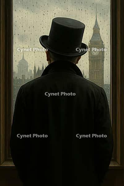 A man in a top hat views Big Ben through a rain-speckled window, creating a nostalgic London scene, AI generated [IBR125203229]