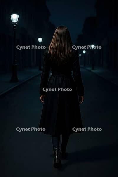 A lone woman in a dark coat walking on an empty street lined with lamps, evoking a sense of solitude, AI generated [IBR125203230]