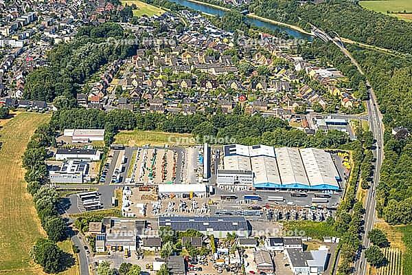 Aerial view, industrial park, industrial road and Schachachtstraße, Eurobaustoffe central warehouse, Rünthe, Bergkamen, Ruhr area, North Rhine-Westphalia, Germany, birds-eyes view, aerial photography, aerial photography, overview, overview, bird's eye vie [IBR113322294]