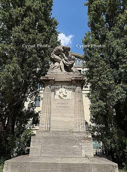 The Rudolf Virchow Monument, erected in 1910, is a historic work of art by Fritz Klimsch depicting humanity's struggle against disease. Medicine, research, science, Rudolf Virchow. Rudolf Ludwig Karl Virchow (13 October 1821, Schivelbein, Pomerania, Kingd [IBR113322307]