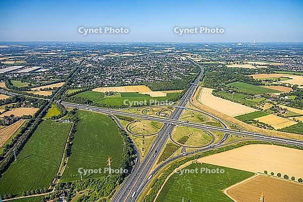 Aerial view, Kamener Kreuz motorway junction, A1 motorway and A2 motorway, possible and planned route for regional railway between Kamen and Bergkamen, railway infrastructure, road traffic and truck traffic, Kamen, Ruhr area, North Rhine-Westphalia, Germa [IBR113322315]