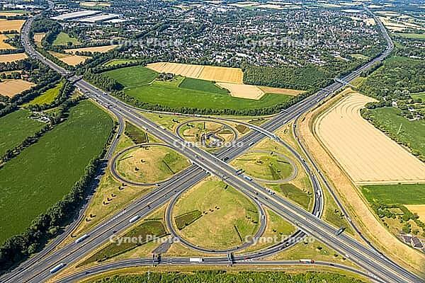 Aerial view, Kamener Kreuz motorway junction, A1 motorway and A2 motorway, possible and planned route for regional railway between Kamen and Bergkamen, railway infrastructure, road traffic and truck traffic, Kamen, Ruhr area, North Rhine-Westphalia, Germa [IBR113322316]