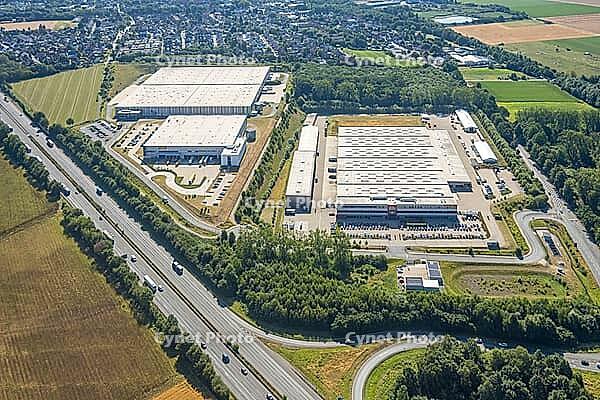 Aerial view, A2 motorway, Bergkamen and Kamen driveway, industrial area, Herbert Heidt Gebäudetechnik, Rubix Bergkamen, DHL Solutions GmbH, Weddinghofen, Bergkamen, Ruhr area, North Rhine-Westphalia, Germany, birds-eyes view, aerial photography, overview, [IBR113322321]