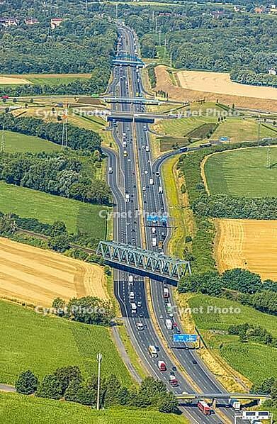 Aerial view, A2 motorway near Kamener Kreuz motorway junction, highway A1 and motorway A2, road traffic and truck traffic, Kamen, railway bridge, bridges, Ruhr area, North Rhine-Westphalia, Germany, motorway, BAB, motorway junction, air suspension, overvi [IBR113322322]