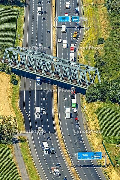 Aerial view, A2 motorway near Kamener Kreuz motorway junction, highway A1 and motorway A2, road traffic and truck traffic, Kamen, railway bridge, bridges, Ruhr area, North Rhine-Westphalia, Germany, motorway, BAB, motorway junction, air suspension, overvi [IBR113322325]