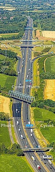 Aerial view, A2 motorway near Kamener Kreuz motorway junction, highway A1 and motorway A2, road traffic and truck traffic, Kamen, railway bridge, bridges, Ruhr area, North Rhine-Westphalia, Germany, motorway, BAB, motorway junction, air suspension, overvi [IBR113322338]