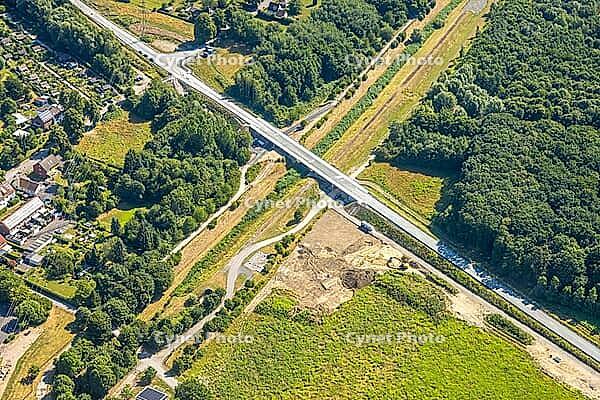Aerial view, Kuhbach bridge construction site, part of the L821n Bergkamen-Oberaden bypass, Oberaden, Bergkamen, Ruhr region, North Rhine-Westphalia, Germany, birds-eyes view, aerial photography, aerial photography, overview, bird's eye view, infrastructu [IBR113322358]