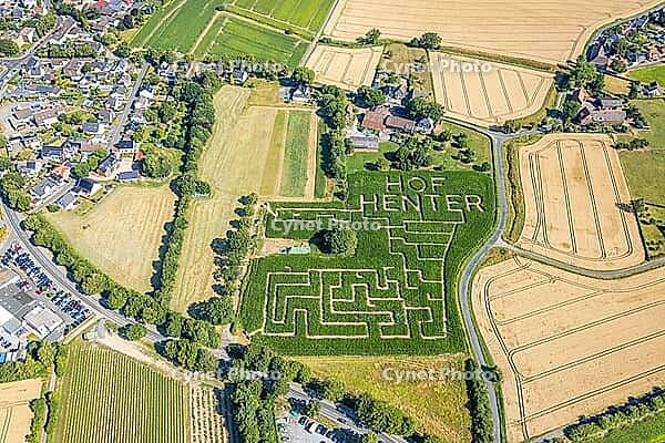 Aerial view, corn maze Hof Hinter, agriculture, Bergkamen-Süd, Bergkamen, Ruhr region, North Rhine-Westphalia, Germany, birds-eyes view, aerial photography, aerial photography, overview, bird's eye view, infrastructure, town view, aerial [IBR113322362]
