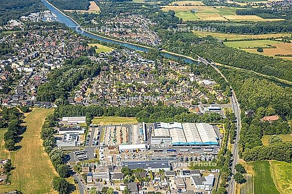 Aerial view, industrial park, industrial road and Schachachtstraße, Eurobaustoffe central warehouse, Rünthe, Bergkamen, Ruhr area, North Rhine-Westphalia, Germany, birds-eyes view, aerial photography, aerial photography, overview, overview, bird's eye vie [IBR113322365]