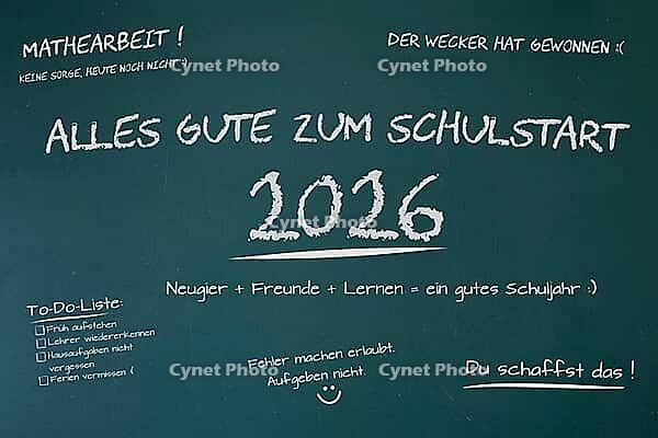 (photo montage) Blackboard with text ALL THE BEST FOR SCHOOL START 2026 and humorous and motivating sayings [IBR113322393]