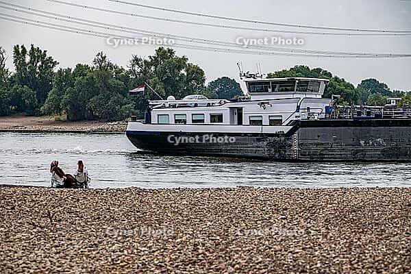 Extreme low tide level on the Rhine, after the driest and warmest July, since the weather was recorded, level record low, the banks are falling dry, shipping can only travel with reduced load and speed, Duisburg-Walsum, ferry terminal of the car and passe [IBR113322394]