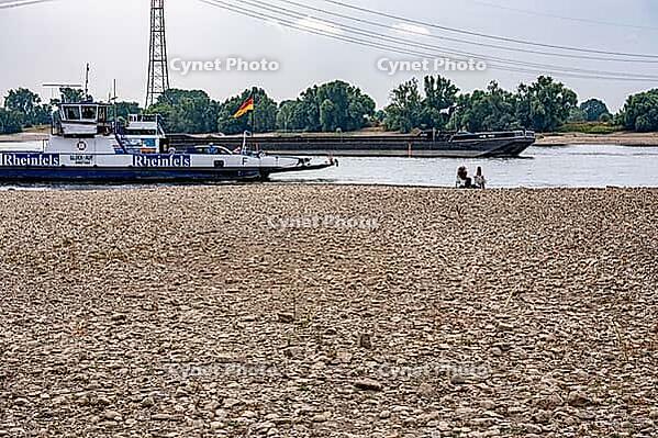 Extreme low tide level on the Rhine, after the driest and warmest July, since the weather was recorded, level record low, the banks are falling dry, shipping can only travel with reduced load and speed, Duisburg-Walsum, ferry terminal of the car and passe [IBR113322440]