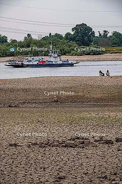Extreme low tide level on the Rhine, after the driest and warmest July, since the weather was recorded, level record low, the banks are falling dry, shipping can only travel with reduced load and speed, Duisburg-Walsum, ferry terminal of the car and passe [IBR113322447]