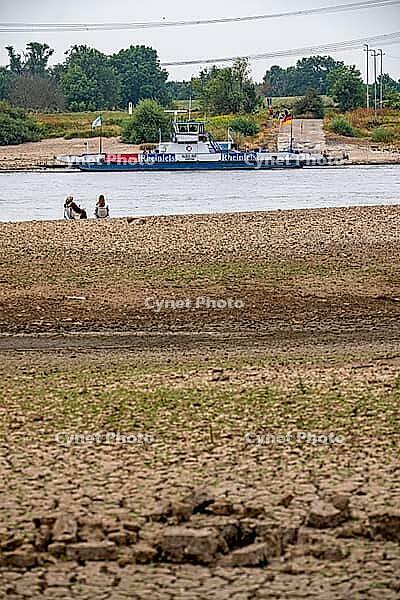 Extreme low tide level on the Rhine, after the driest and warmest July, since the weather was recorded, level record low, the banks are falling dry, shipping can only travel with reduced load and speed, Duisburg-Walsum, ferry terminal of the car and passe [IBR113322467]