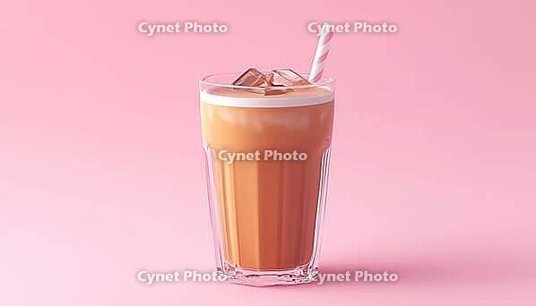 Refreshing Pink Glass Of Iced Coffee Milk - The Perfect Cold And Tasty Beverage For A Delicious Refreshment. Enjoy!, AI generated [IBR125211466]