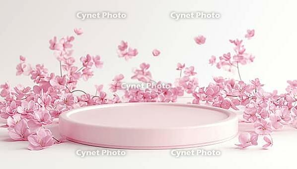 Valentine'S Day Themed Display Stand Mock Up Featuring A Blank Podium On A Sweet Pink Cylinder Stage With Simple And Lovely Decorations, AI generated [IBR125211469]