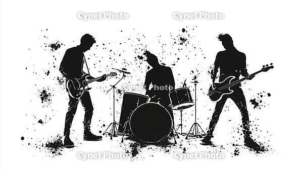 Silhouette Illustrations Of Alternative Band Musicians Enhanced By Scatter Brushes For A Creative Visual Impact And Artistic Flair, AI generated [IBR125211472]