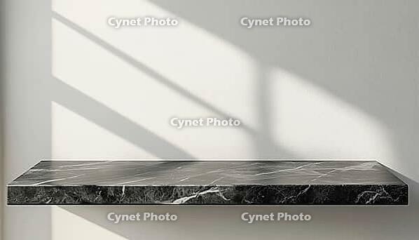 Empty Shelves Of Natural Stone And Cement Wall With Empty Black Marble Table Top And Black Cement - A Modern Display Space, AI generated [IBR125211507]