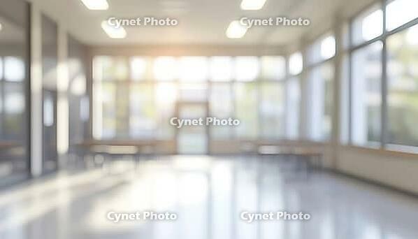 Stunning Blurred Views Of A Bright Classroom And Study Room With Panoramic Windows And Gorgeous Lighting In An Empty School, AI generated [IBR125211545]