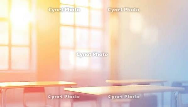 Beautifully Blurred Bright Classroom And Study Room With Panoramic Windows And Gorgeous Lighting. Empty School Classroom With Unoccupied Chairs And Tables, AI generated [IBR125211551]