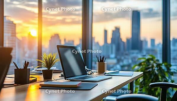 Blurry Image Of Contemporary Office Environment With Urban Skyline View From Tall Structure In City Center. Defocused Photograph Of Workspace, AI generated [IBR125229867]
