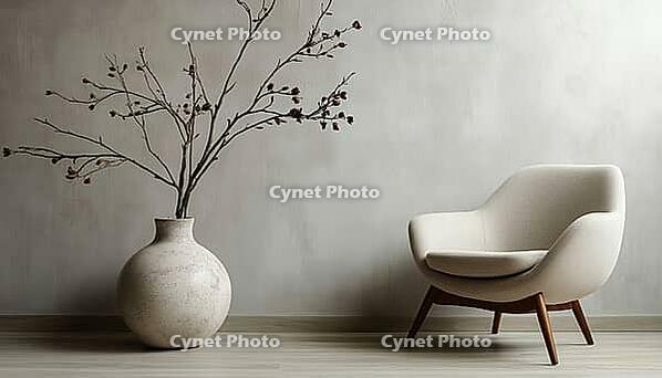 Chic Scandinavian Living Room Setup Featuring Er Armchair And Ceramic Vase With Dry Branch On Laminate Floor, Loft Wooden Wall With Modern Home Decor, AI generated [IBR125229875]