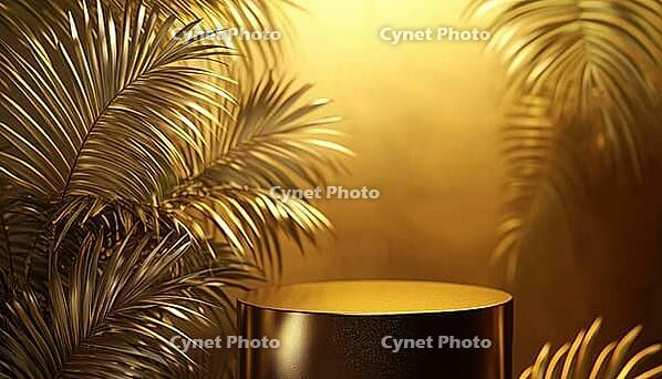 Luxury Stand For Brand Promotion: Golden Palm Leaves And Dark Empty Pedestal Exhibition Podium With Blank Mockup Space For Tropical Summer Decor And Advertisement, AI generated [IBR125229877]
