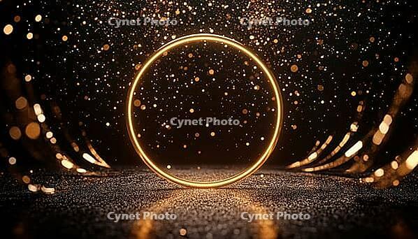 Gold Circle Frame With Ribbon Decoration And Glitter Light Effects On A Stage For Product Show: Exquisite Design For Showcasing Products Attractively, AI generated [IBR125229878]