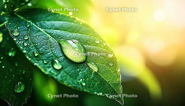 Morning Glow: Stunning Raindrop On Green Leaf Macro In Nature'S Beauty, AI generated [IBR125229879]