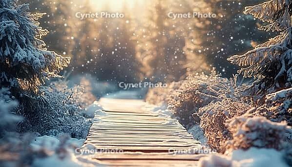 Scenic Winter Christmas Landscape With Snow-Covered Wooden Paths In Forest Of Blurred Fir-Trees Blanketed In Snow On Nature Background, AI generated [IBR125229880]
