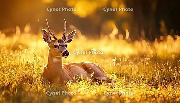 Roe Deer Resting In Grass: A Serene Morning Wildlife Scene In The Meadow Of Nature, AI generated [IBR125229881]