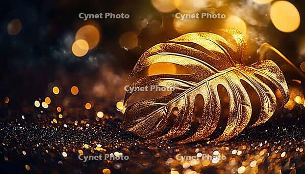 Tropical Gold Foliage: Golden Monstera Leaf On Shiny Glittering Surface For Stylish Christmas And New Year'S Eve Decor, AI generated [IBR125229884]