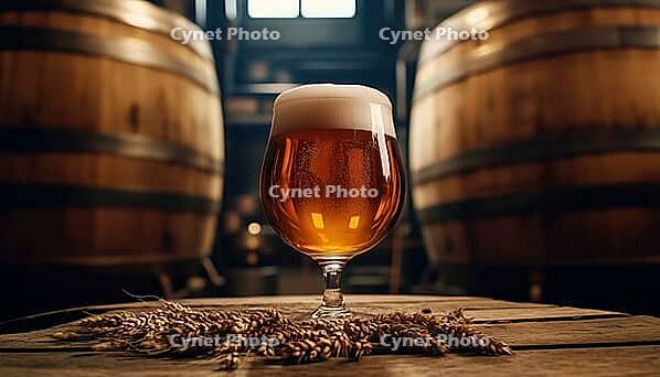 Beer Barrel, Beer Glass, Wheat, And Hops On Wooden Table At Oktoberfest: A Rustic Display Of Traditional German Beer Culture, AI generated [IBR125229886]