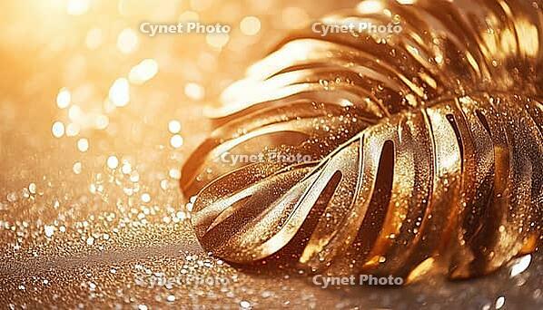 Luxurious Tropical Gold Monstera Leaf On Sparkling Background. Chic Layout For Christmas And New Year'S Eve. High-End Fashion Lifestyle, AI generated [IBR125229887]