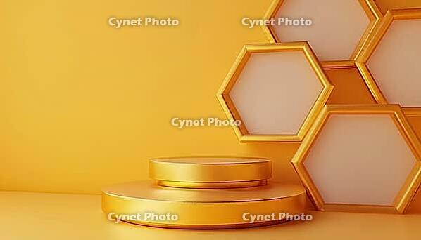 Creating Elegance With Geometric Shapes: Two-Story Empty Pedestal, Hexagon Wall Podium, Gradient Size Platform For Product Display, AI generated [IBR125229888]