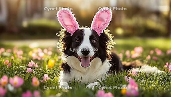 Energetic Border Collie Dog In Pink Easter Bunny Ears Enjoying Playtime Outdoors, Relaxing In A Bed Of Flowers, AI generated [IBR125229889]