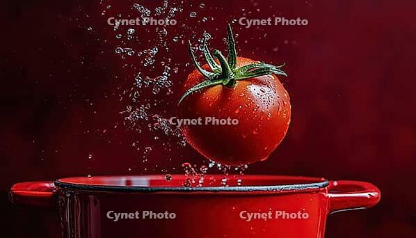 Tomato Being Dropped Into Pot, Capturing The Motion Of Food. Delicious Red Vegetable In Motion, Adding Flavor To The Dish, AI generated [IBR125229897]